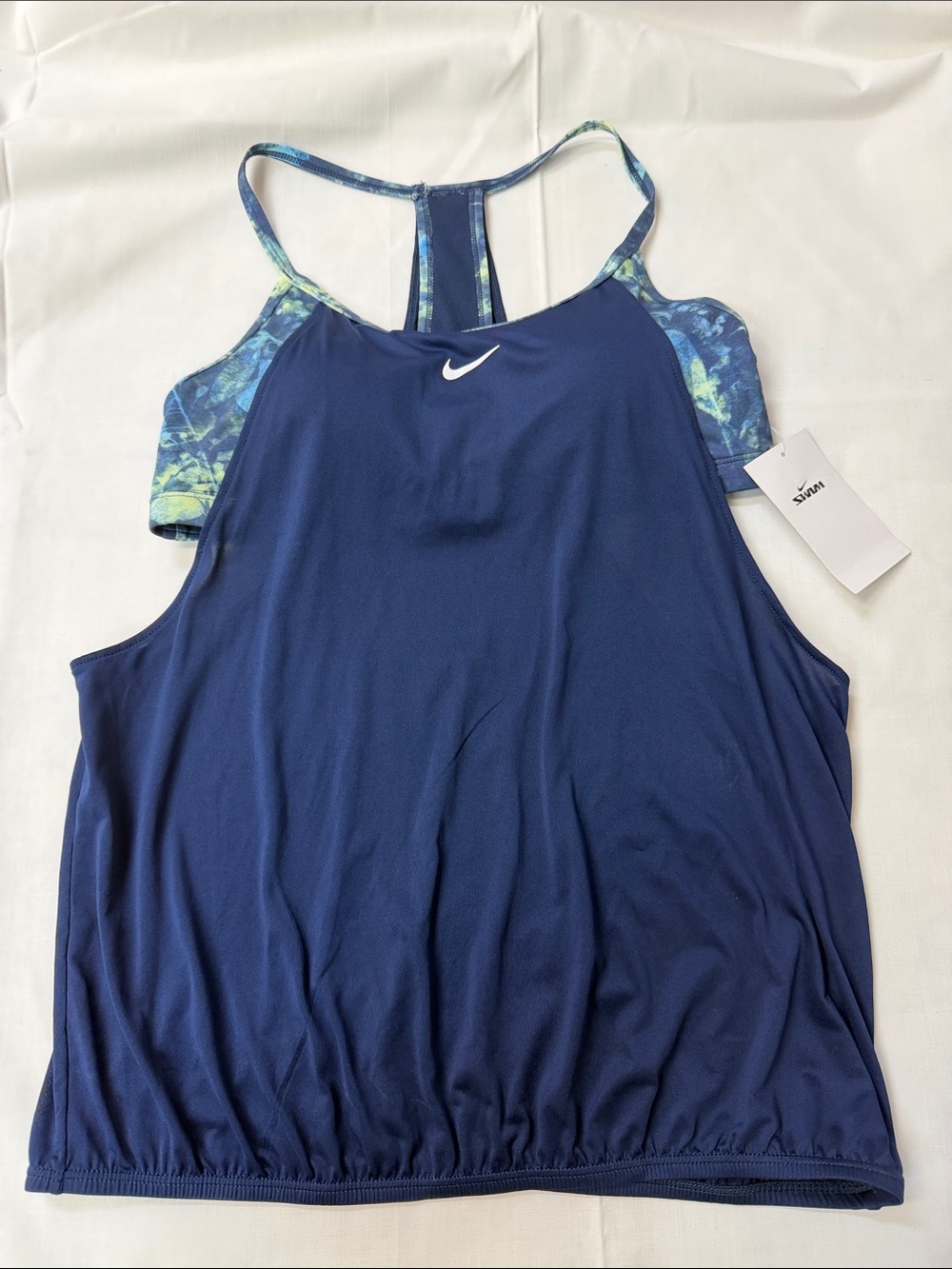 Nike Women's Navy swim Tank with Blue-Green Printed Racerback bra  size Med.